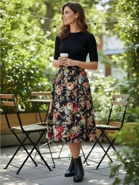 Floral A-Line Midi Skirt in Black with Multicolor Blooms